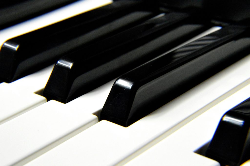 A detailed close-up shot focusing on black and white piano keys, highlighting musical harmony.